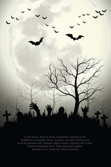 Zombie hands rising in dark Halloween night  Spooky forest with full moon and grave.Vector illustrator