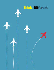 Think different.Flying air plane in the sky. The graphic of air plane also represents the concept of courage. Vector EPS 10.