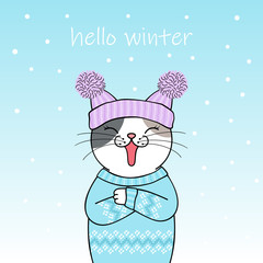 Hello winter. Cute cartoon cat wearing a knitted hat and sweater. Hand drawn illustration