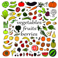 Hand drawn colorful set 'vegetables, fruits, berries'. Vector illustration. EPS 10.
