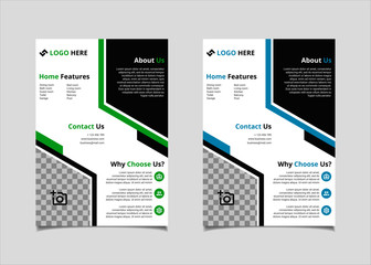 Business flyer template design vector, A4 brochure layout with geometry green and cyan blue colour for company poster, annual report cover, and leaflets