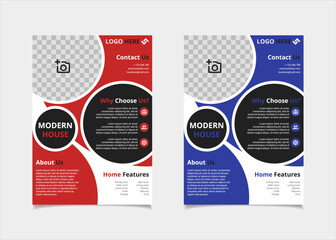Obraz premium Business flyer template design vector, A4 brochure layout with circle geometry red and indigo blue colour for company poster, annual report cover, and leaflets