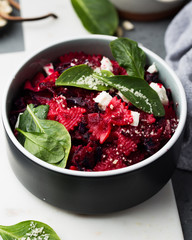 Pasta with beetroot, cabbage, spinach and feta.
