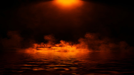 Abstract fire smoke with reflection in water .Lighting spotlighting texture overlays. Design element.