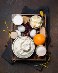 Ingredients for cake with orange and cranberries