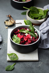 Pasta with beetroot, cabbage, spinach and feta.