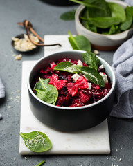 Pasta with beetroot, cabbage, spinach and feta.