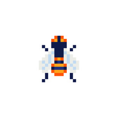 Bee insect character pixel art icon. Element design for stickers, web, logo, embroidery and mobile app. Honeybee isolated vector illustration. 8-bit sprite.
