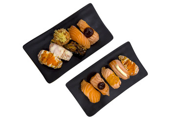 Top view of mix sushi salmon.