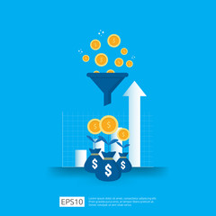 information data collection of filter concept with funnel, money, and graph object element. digital marketing analysis for business strategy concept. Flat Design Vector Illustration