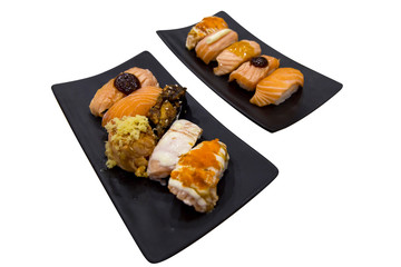 Top view of mix sushi salmon.