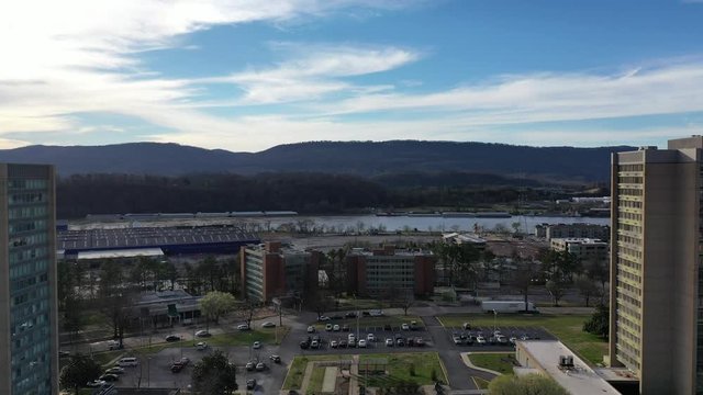 Chattanooga Tennessee Downtown Drone Flyover Between Two Buildings Towards River