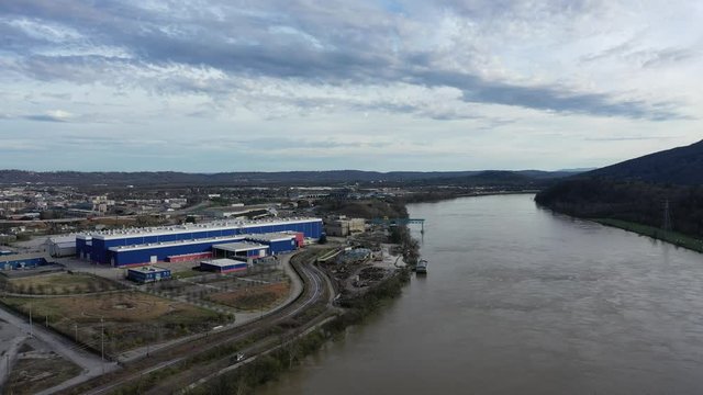 Chattanooga Tennessee River Downtown Wide Shot Mavic 2 Pro Drone Industrial and Mountains
