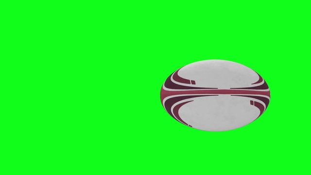 Rugby ball animation.  Red rugby ball spinning slowly from left to right with a green screen background.