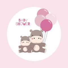 Baby shower invitation card.Cute hippopotamus with balloons cartoon.