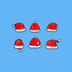 Pixel art cartoon santa's hat set.8bit.Christmas.