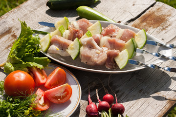 raw kebab on skeawers with vegetables. Picnic