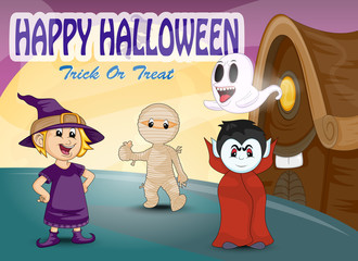 Happy halloween - witch, mummy, dracula, ghost in front of spooky house cartoon vector illustration