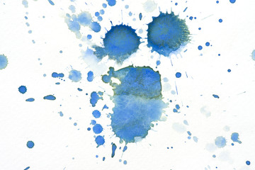 Blue watercolor splashes on white background, watercolor hand painted