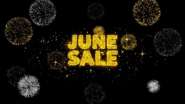 June Sale Text Reveal on Glitter Golden Particles Firework. Sale, Discount Price, Off Deals, Offer promotion offer percent discount ads 4K Loop Animation.
