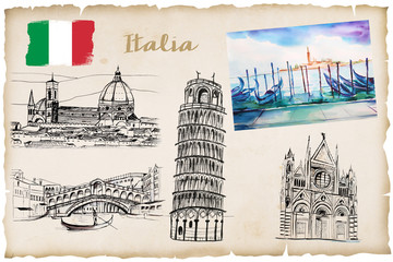 Narysowane zabytki Włoch na kartce starego papieru z flagą - obrazy, fototapety, plakaty