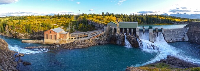 Panoramic View of Horseshoe Falls Dam at Bow River, Rocky Mountains Foothills west of Calgary.  Massive Concrete Structure was the first sizeable hydroelectric facility in Alberta, Canada - obrazy, fototapety, plakaty