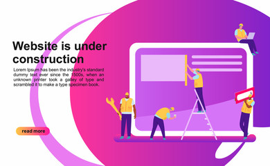 Website under construction page. Flat style. Concept illustration with colored characters.