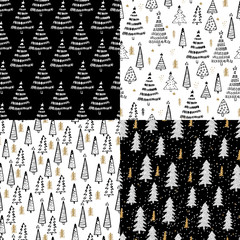 Set seamless hand drawn Christmas tree background. Doodle ink seamless pattern for New Year 2019.