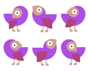 Set of cute birds hand drawn vector happy drawing decoration. Six of cute cartoon pigeons, for print, game, web. Character illustration. Flat colorful vector illustration. Cartoon bird for web design