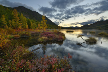 Fototapeta na wymiar Lake in the mountains, Magadan region, Kolyma, Jack London lake