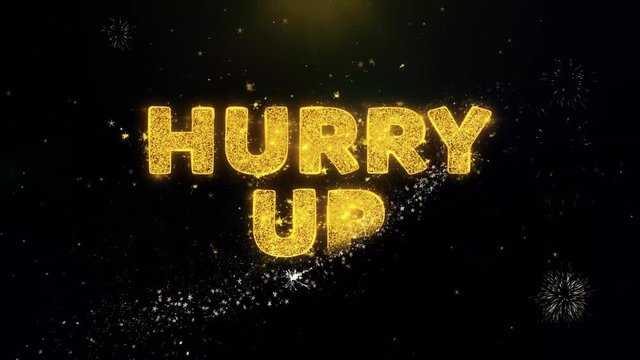 Hurry Up Text on Gold Glitter Particles Spark Exploding Fireworks Display. Sale, Discount Price, Off Deals, Offer Promotion Offer Percent Discount ads 4K Loop Animation.