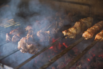 juicy kebab with sweet onions on a white platter