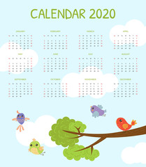 Calendar 2020, Monthly Calendar with Cute Colorful Birds Vector Illustration