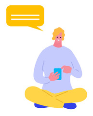 Elegant young woman using mobile phone leaning to wall, looking at screen. Technology and internet. Vector flat illustration concept