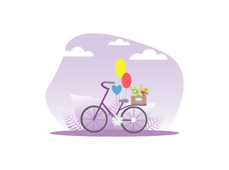 Bicycle with Wooden Crate of Flowers and Balloons on Spring or Summer Background Vector Illustration