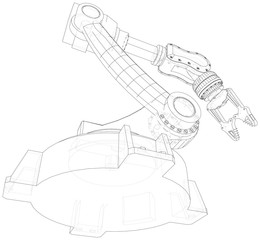 Robot arm, industrial machinery. Technical illustration wire-frame. Vector rendering of 3d.