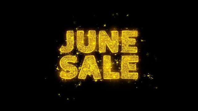 June SaleText Sparks Glitter Particles on Black Background. Sale, Discount Price, Off Deals, Offer promotion offer percent discount ads 4K Loop Animation.