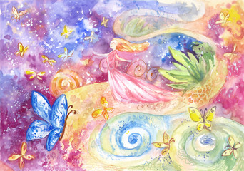 Fairy abstract poster or illustration on the theme of self-development, happiness, feminine destiny. Fantasy wallpaper or  cover with space, butterflies, young woman. Watercolor art, concept of dream