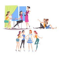Naklejka premium Beautiful Young Woman Talking to Each Other, Female Friendship, Friends Spending Time Together Vector Illustration