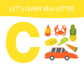 Lets Learn New Letter A, Educational Game for Preschool Kids, Cupcake, Crab, Cactus, Cap, Carrot, Car, Cheese Vector Illustration