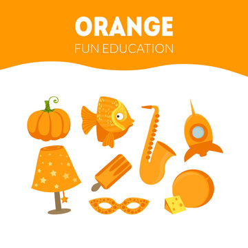 Different Objects in Orange Color, Fun Educational Game for Preschool Kids Vector Illustration
