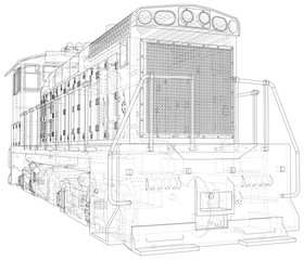 Locomotive wire-frame. Vector illustration. Tracing illustration of 3d.