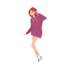Smiling Red Haired Girl Wearing Purple Hoodie Cartoon Vector Illustration