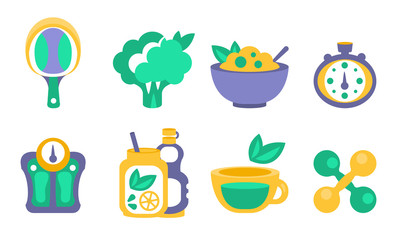 Fitness and Sport Icons Set, Healthy Lifestyle Elements, Table Tennis Racket, Broccoli, Healthy Food, Stopwatch, Scales, Vitamins and Dietary Supplement, Dumbbells Vector Illustration