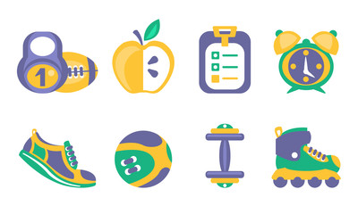 Fitness and Sport Icons Set, Healthy Lifestyle Elements, Kettlebell, Ball, Apple, Training Schedule, Alarm Clock, Dumbbell, Sneaker, Dumbbell, Rollers Vector Illustration