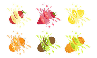 Sweet Fruits and Berries with Splashes Set, Apple, Strawberry, Lemon, Orange, Kiwi, Kiwano, Melon Vector Illustration