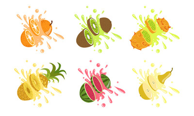 Obraz na płótnie Canvas Sweet Tropical Fruits and Splashes Set, Orange, Kiwi, Kiwano Melon, Pineapple, Watermelon, Pear Vector Illustration