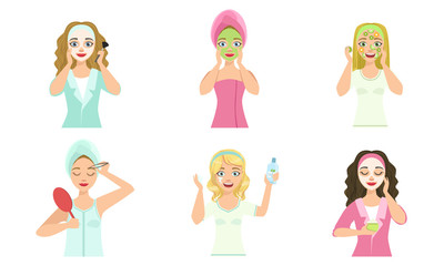 Girls Applying Different Facial Masks for Skin Care and Treatment Set, Young Woman Cleaning and Caring for Their Faces, Beauty, Hygiene Vector Illustration