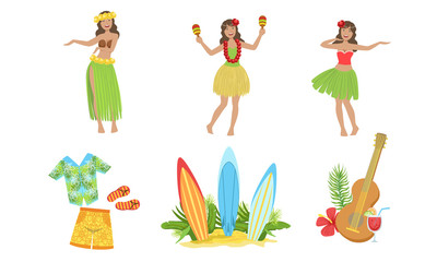 Collection of Traditional Symbols of Hawaiian Culture, Beautiful Girls Dancing in Traditional Costume Vector Illustration