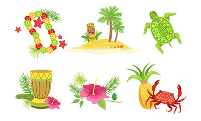 Collection of Hawaiian Traditional Objects, Flower Necklace, Palm Tree, Tiki Mask, Drum, Crab, Pineapple, Hibiscus Flower Vector Illustration